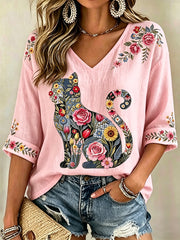 Women's Floral Cats Print Casual V-Neck Tee