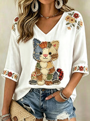 Women's Floral Cats Print Casual V-Neck Tee