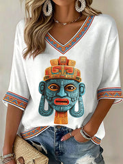 Women's Aztec Mask V-Neck Tops