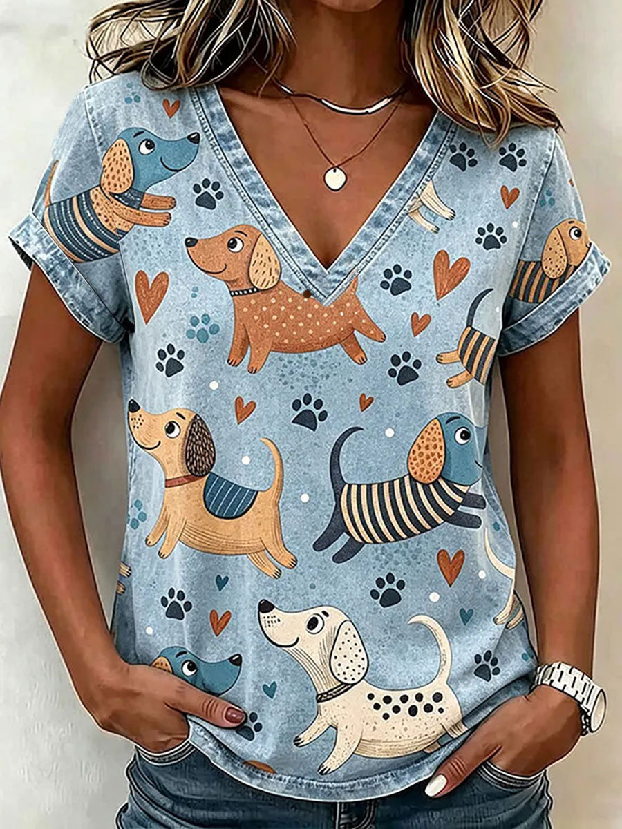 Women's Dog Art Print Casual T-shirt