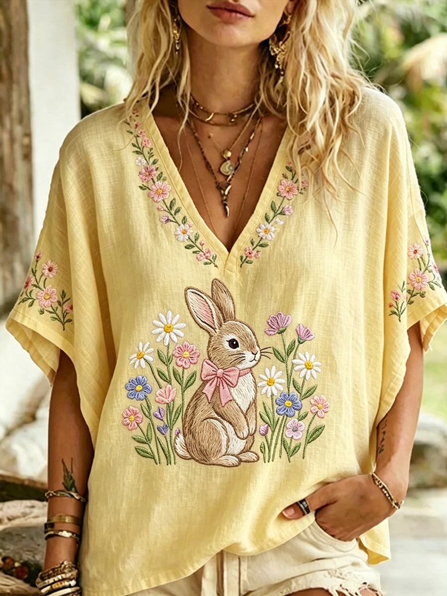 Women's Casual V-Neck Top With Animal And Floral Print