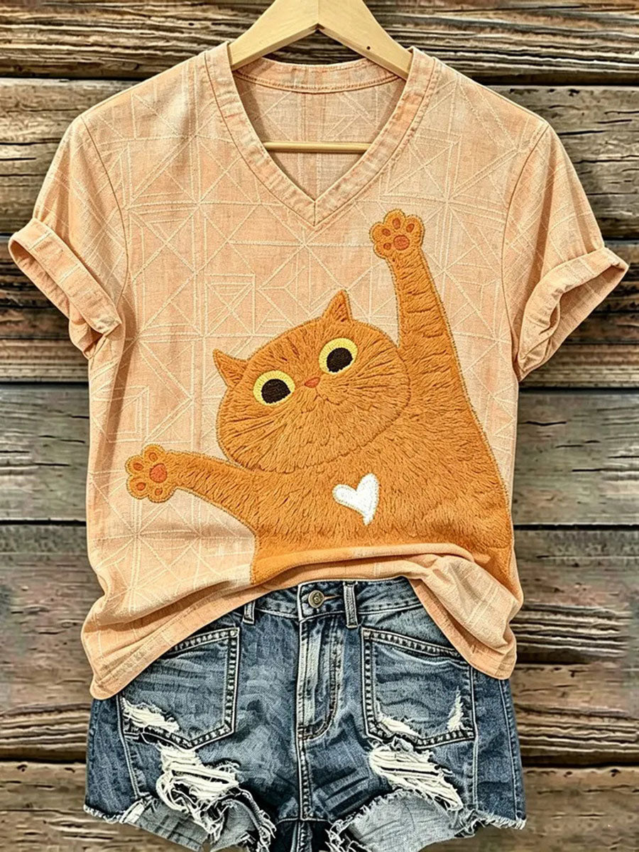 Women's Cat Art Print Casual T-Shirt