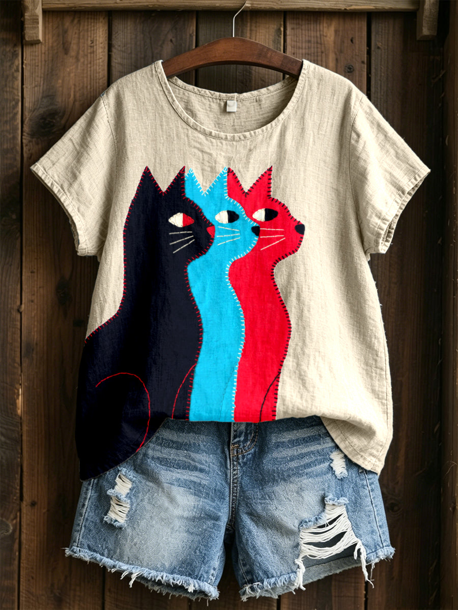 Women's Funny Cats Patchwork Art Cotton Linen Shirt