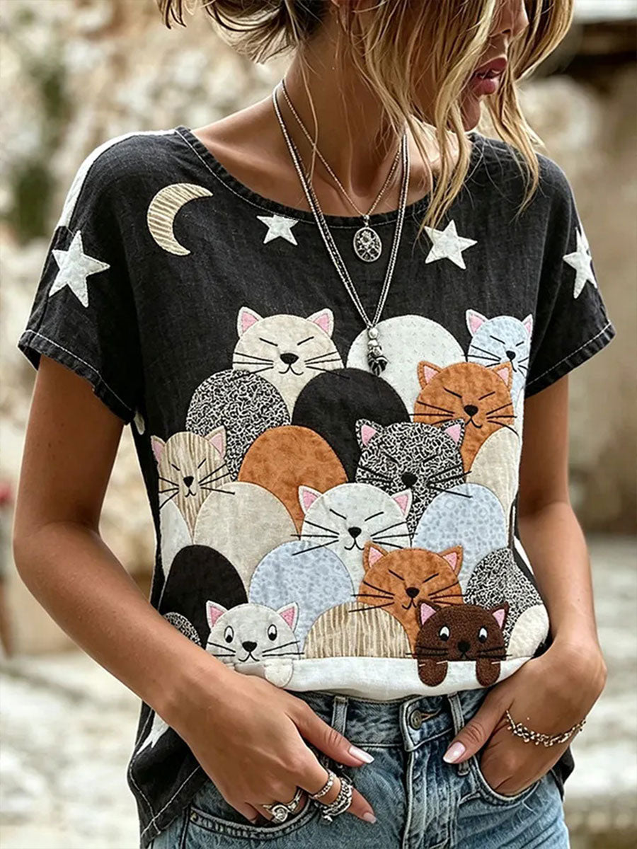 Women's Cute Animal Cat Short-Sleeve Casual T-Shirt