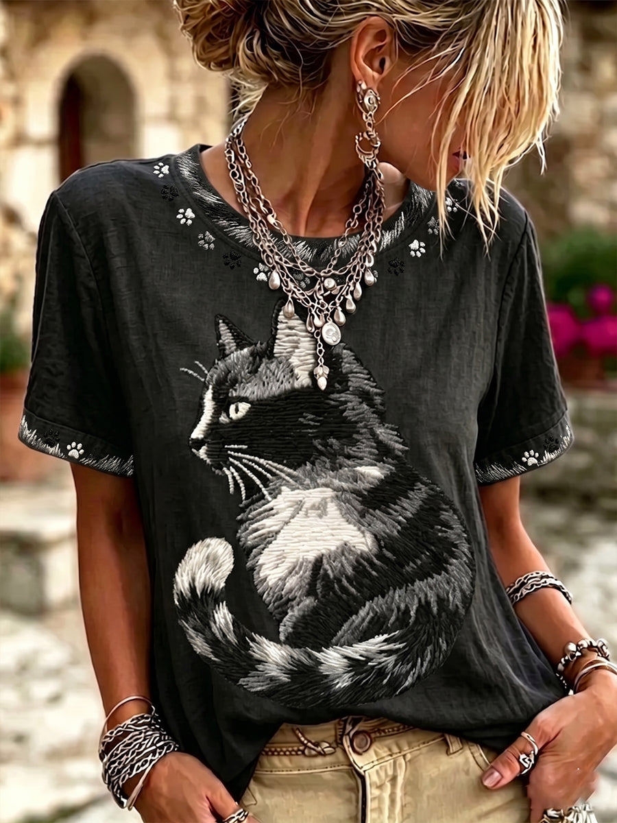 Women's Vintage Black Cat Art Linen Round Neck Short Sleeves Top