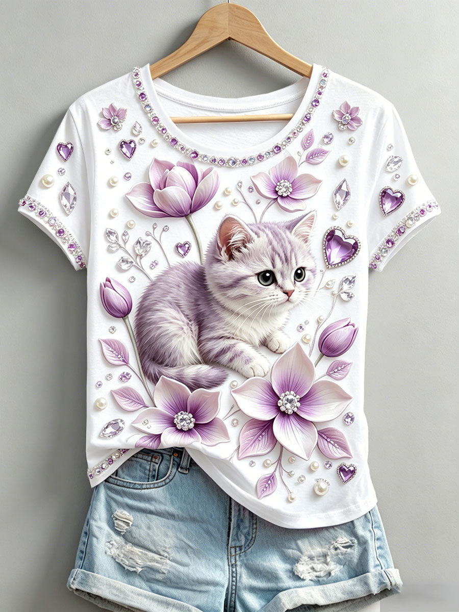 Women's Floral Cat Print T-Shirts