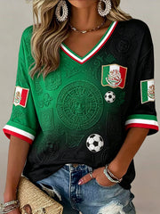 Women's V-Neck Top With Mexican Soccer Fan Art Print