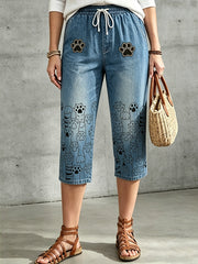 Women's Floral Animal Art Printed Drawstring Middle Pants