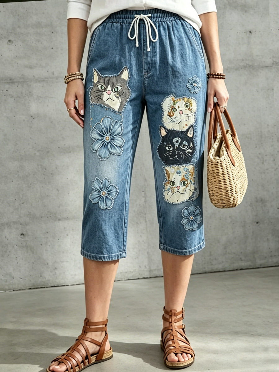 Women's Floral Animal Art Printed Drawstring Middle Pants