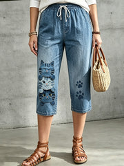 Women's Floral Animal Art Printed Drawstring Middle Pants