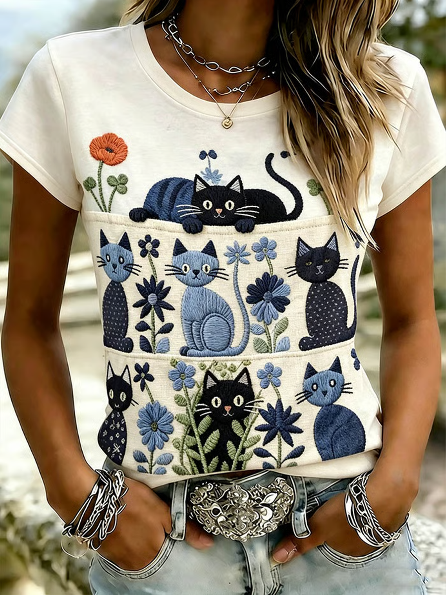 Women's Cute Cat Print short-sleeved T-shirt