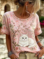 Women's Flowers and Cats Linen Short-sleeved Top