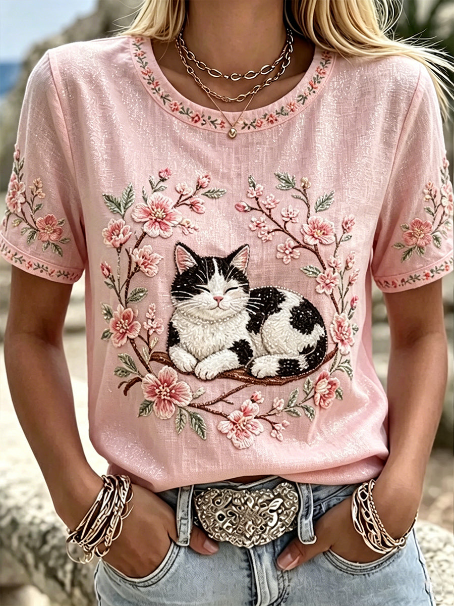 Women's Flowers and Cats Linen Short-sleeved Top