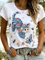 Women's Cute Cat Print short-sleeved T-shirt