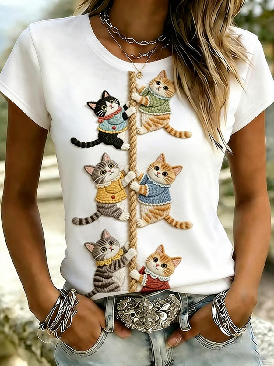 Women's Cute Cat Print short-sleeved T-shirt
