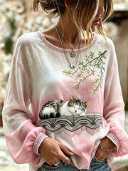 Women's Cute Cat Print Cotton-Linen Shirt
