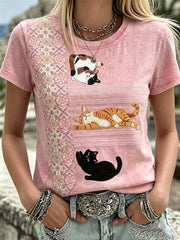 Women's Flowers and Cats Short-sleeved T-shirt
