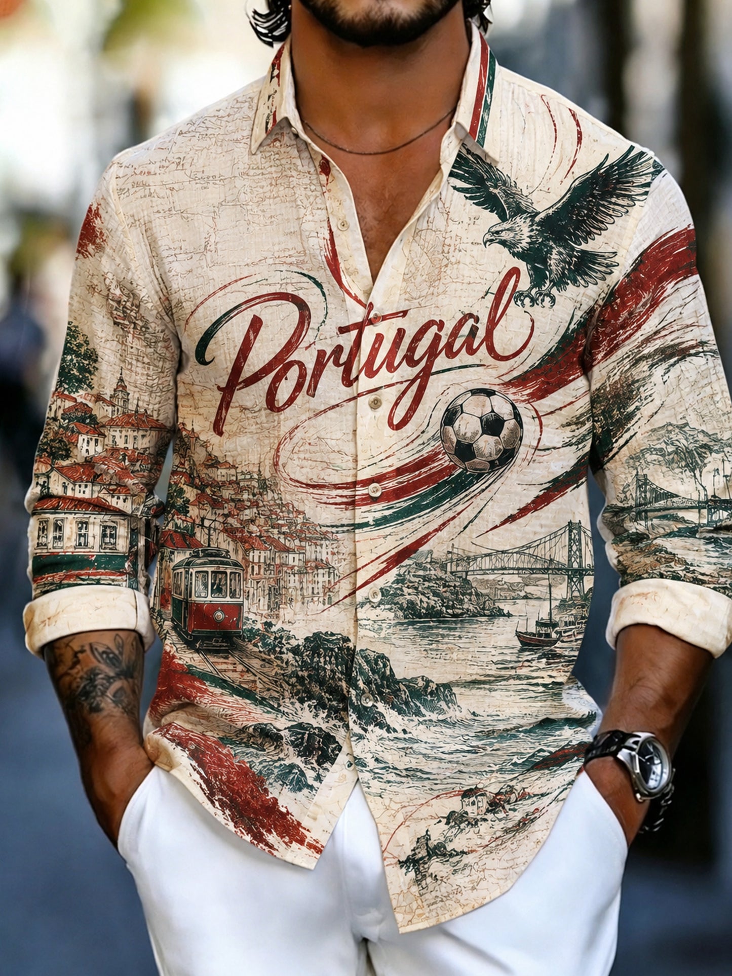 Men's Portugal Football Fan Art Print Long-Sleeve Shirt
