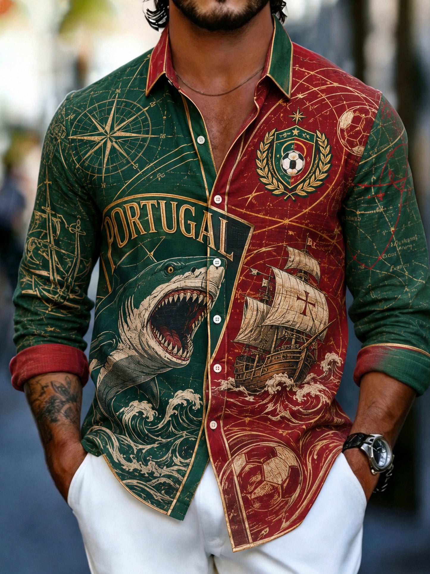 Men's Portugal Football Fan Art Print Long-Sleeve Shirt