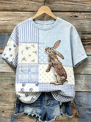 Women's Vintage Bunny Cottage Floral Patchwork Print linen T-shirt
