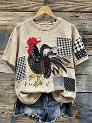 Women's Vintage Rooster Fiber Art Patchwork Print linen T-shirt