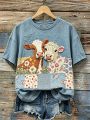 Women's Vintage Farm Cows Floral Patchwork Print linen T-shirt