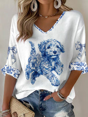 Women's Chinese Style Animal Blue and White Porcelain Print T-shirt