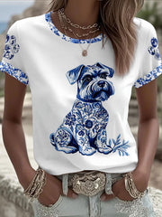 Women's Chinese Style Animal Blue and White Porcelain Print T-shirt