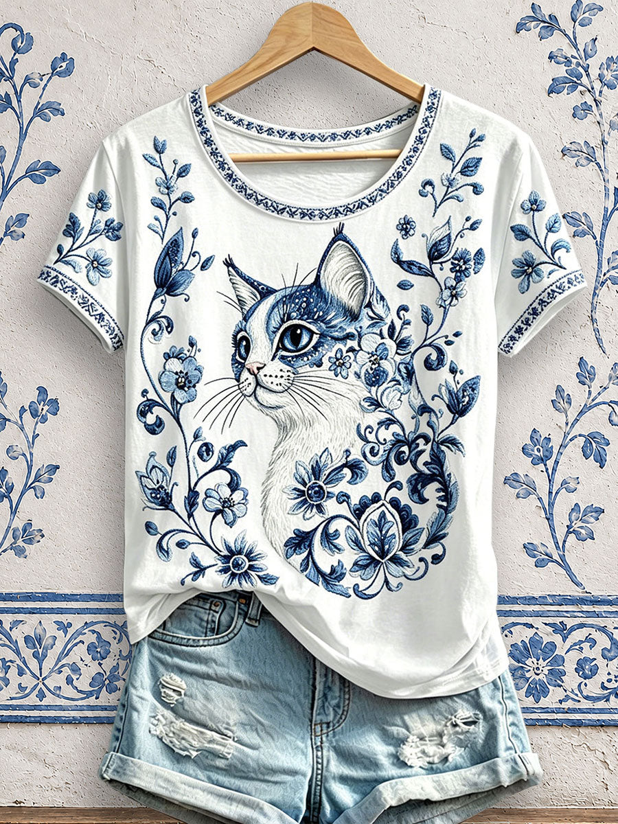 Women's Floral Cat Print T-Shirts