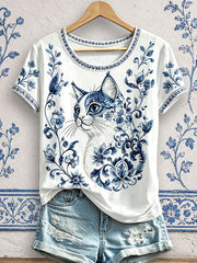 Women's Floral Cat Print T-Shirts