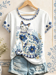 Women's Floral Cat Print T-Shirts