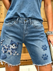 Women's Animal Cat Art Printed Short Jeans