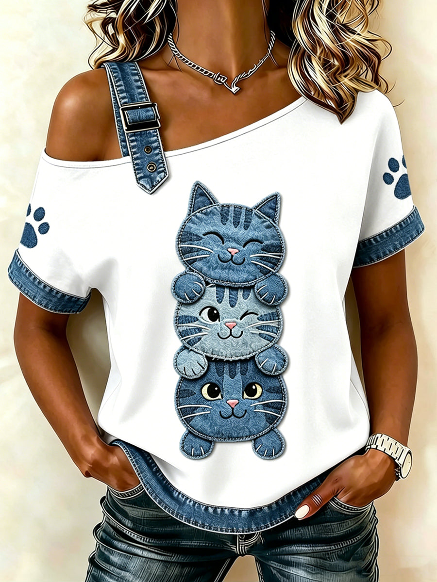 Women's Animal Cat Printed Vintage Fashion Loose Short Sleeve T-Shirt