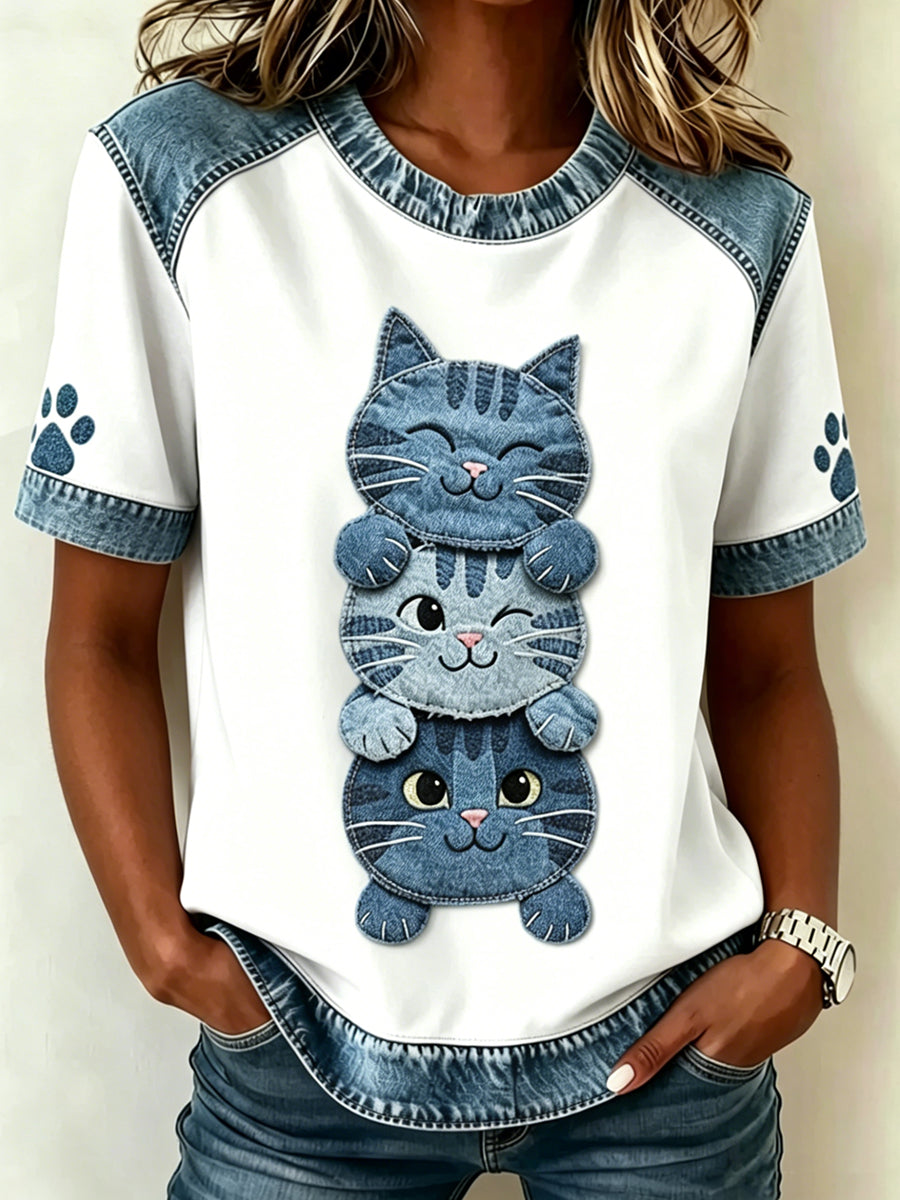 Women's Animal Cat Printed Vintage Fashion Loose Short Sleeve T-Shirt