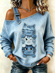Women's Animal Cat Printed One Shoulder Casual Sweatshirt