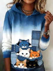 Women's Cute Animal Cats Peek-a-Boo Patchwork Denim Art Comfortable Hooded Sweatshirt