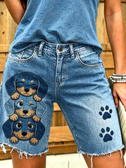 Women's Animal Dog Art Printed Short Jeans