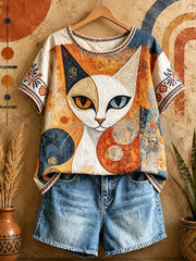 Women's Geometric Cat Art Casual Tops