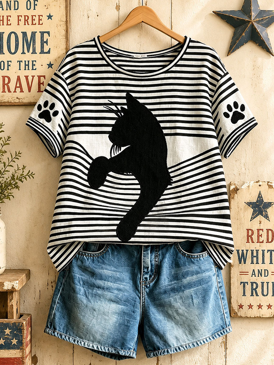 Women's American Retro Geometric Black Cat Tops