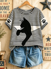 Women's American Retro Geometric Black Cat Tops
