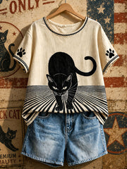 Women's American Retro Geometric Black Cat Tops