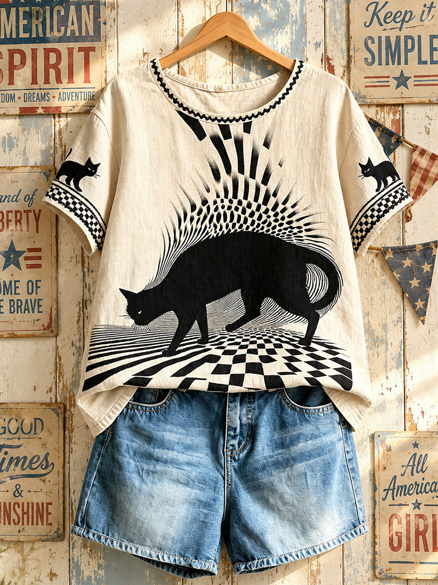Women's American Retro Geometric Black Cat Tops