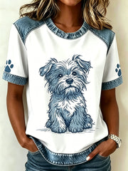 Women's Animal Dog Printed Vintage Fashion Loose Short Sleeve T-Shirt