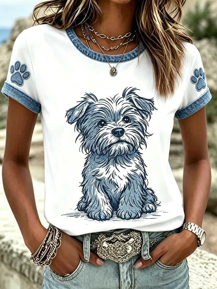 Women's Animal Dog Printed Vintage Fashion Loose Short Sleeve T-Shirt