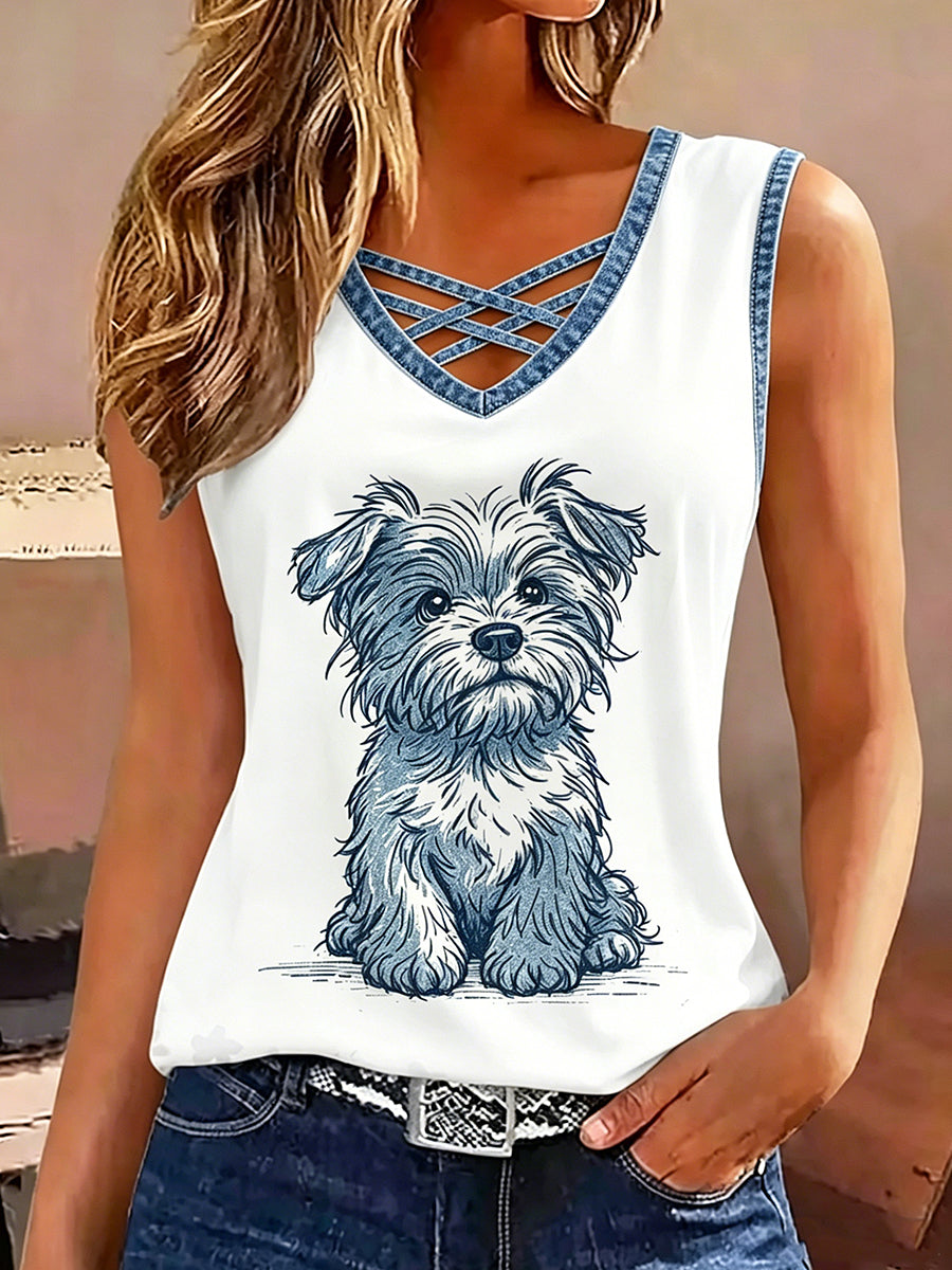 Women's Retro Animal Dog Print Sleeveless Tank Top