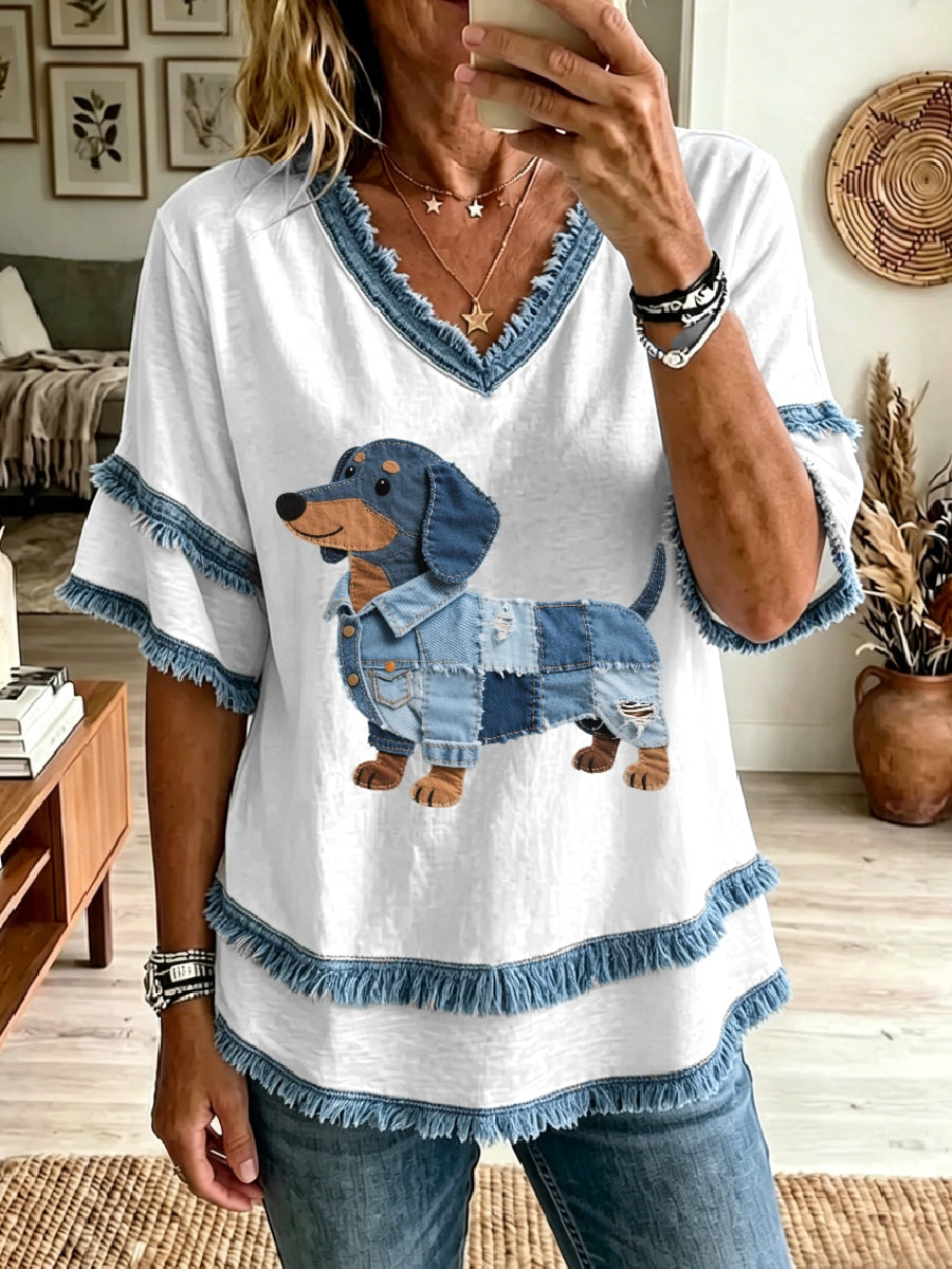 Women's Lovely Dachshund Denim Patchwork Art Tassel Top