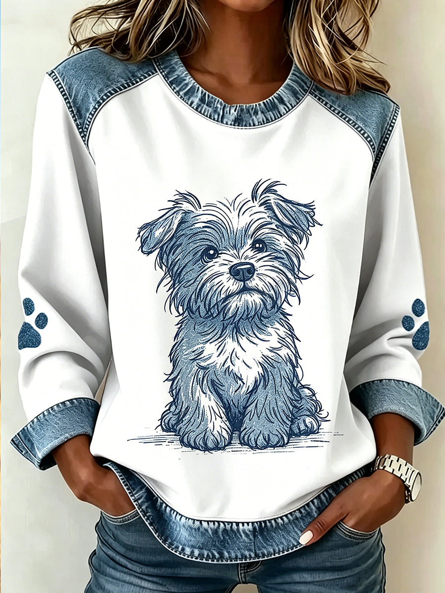 Women's Animal Dog Print Patchwork Long Sleeved Sweatshirt
