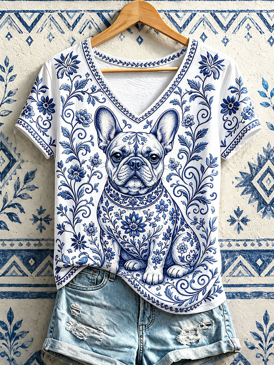 Women's French Bulldog Floral V-Neck T-Shirts