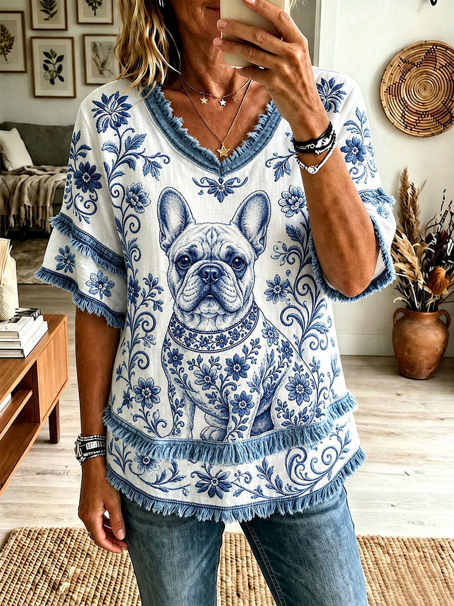 Women's French Bulldog Floral V-Neck Tops