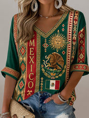 Women's Mexican Soccer Fan V-Neck Top with Aztec Totem Art Print